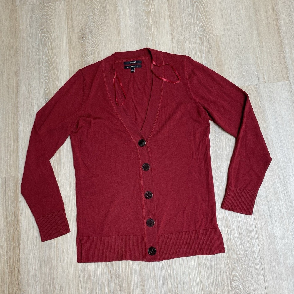 Tahari 100% Extrafine Merino Wool Burgundy Red SZ L Cardigan Statement Buttons